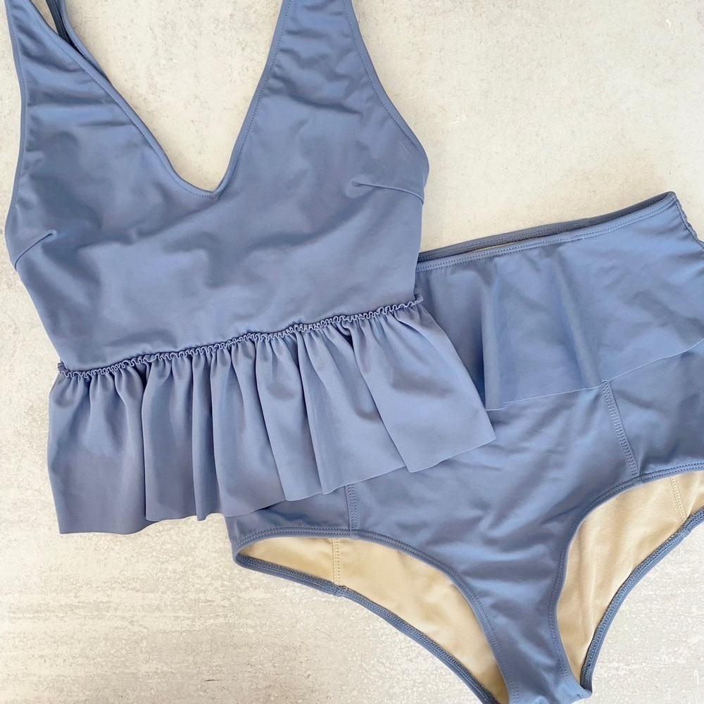 Kortni Jeane || V-Neck Top Small Peplum Bottoms‎ Medium Solid Blue Swim Bikini